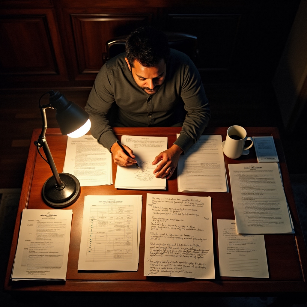 Documentary filmmaker reviewing printed story notes and planning a shooting schedule spread across a wooden desk with a cup of coffee nearby