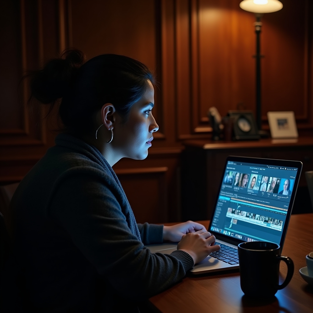 Person editing documentary footage on a laptop screen showing a timeline with multiple video and audio tracks in a free editing application