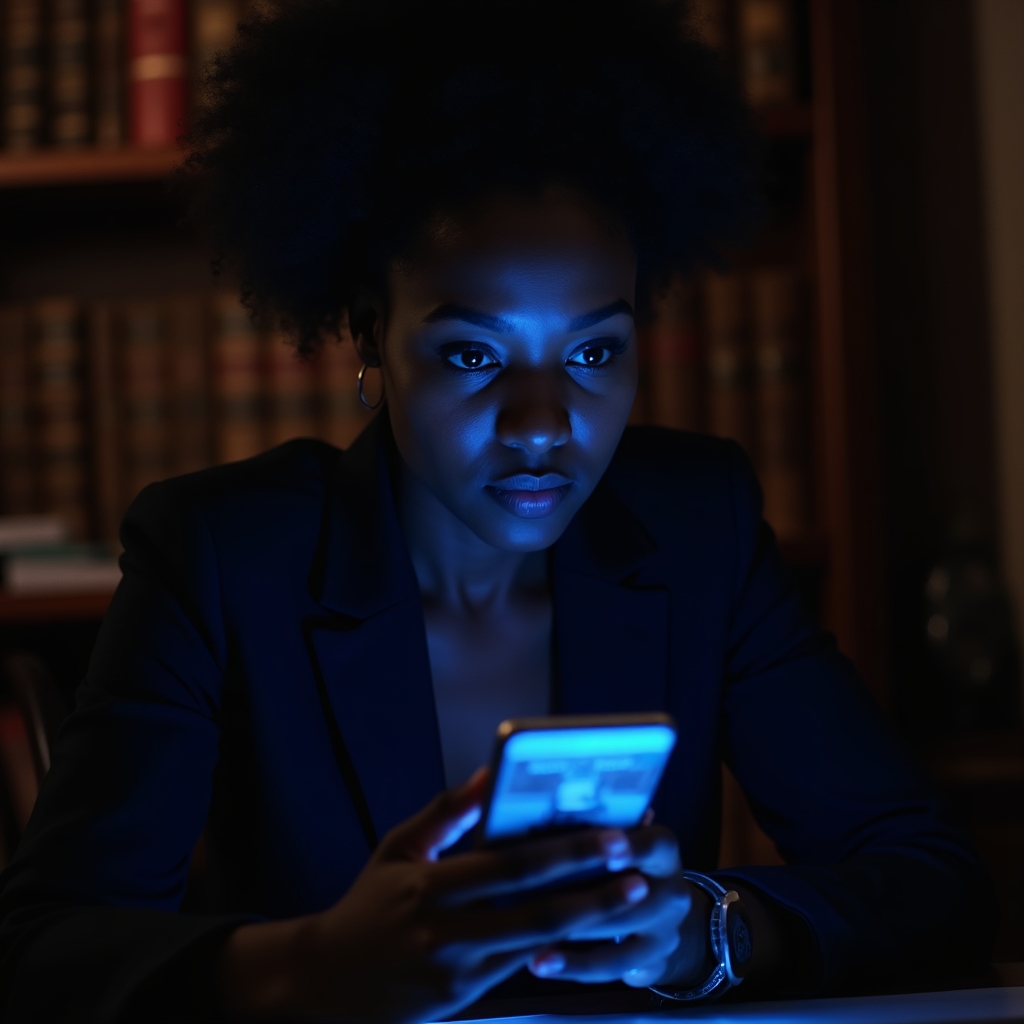 Filmmaker reviewing captured footage on a smartphone screen in a dimly lit interior, face illuminated by the screen glow, focused expression