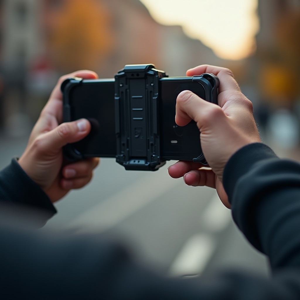 Close-up of hands gripping a smartphone with a stabilizing grip accessory, demonstrating proper handheld shooting technique