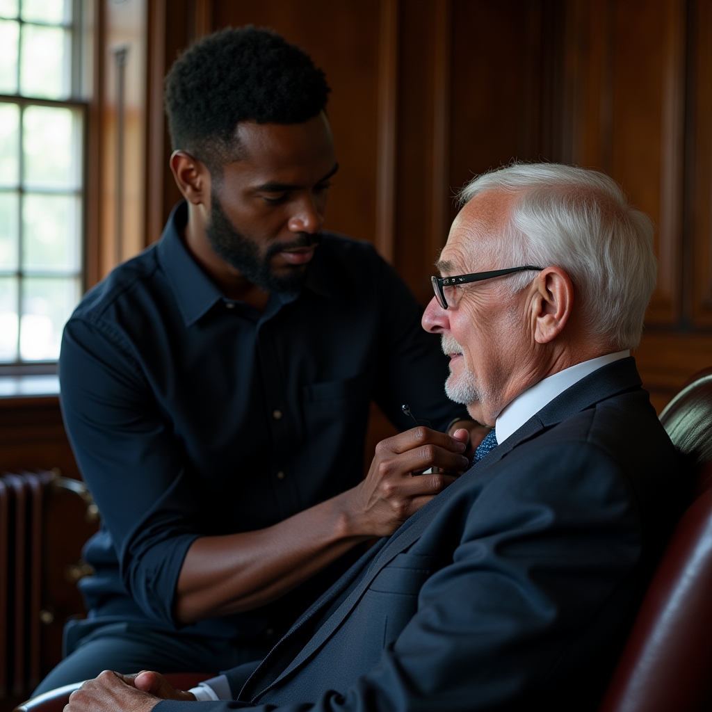 Documentary filmmaker arranging an interview setup with natural window light and a small external microphone clipped to a lapel