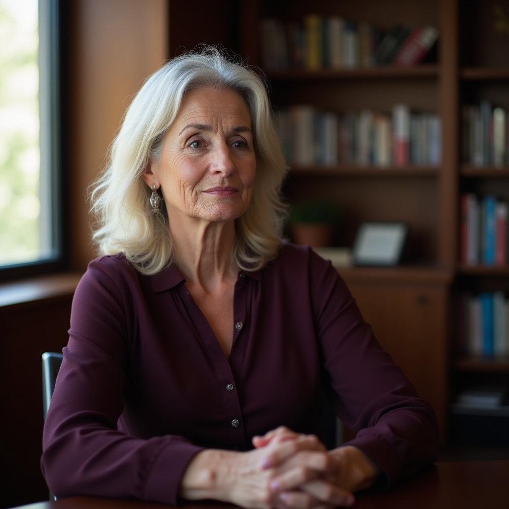Medium close-up of an interview subject mid-speech, naturally lit by a large window, shallow depth of field, thoughtful expression