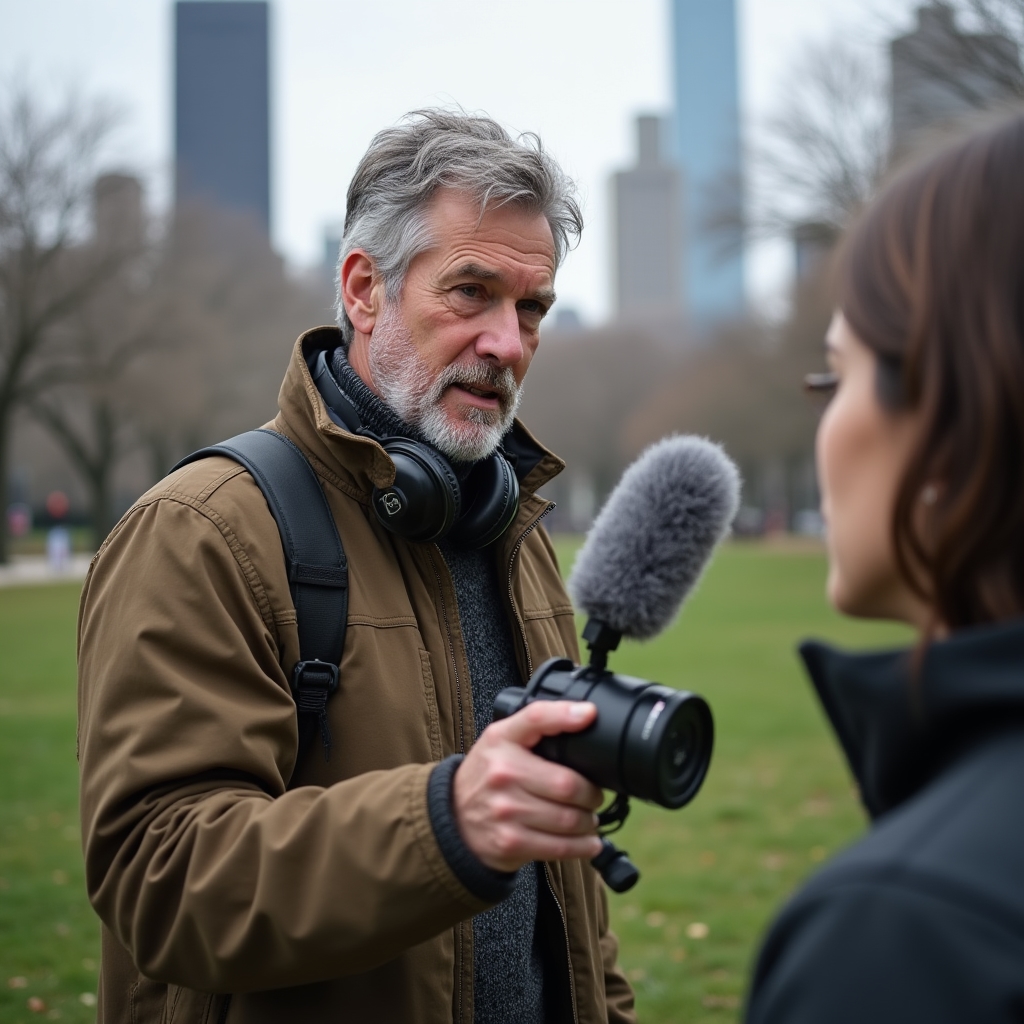 Filmmaker holding a compact directional microphone toward a subject speaking outdoors, with a windscreen attached to reduce ambient noise