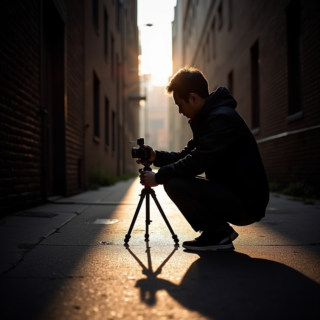 Wide shot of a filmmaker in an urban alley framing a scene through a smartphone mounted on a compact tripod at low angle